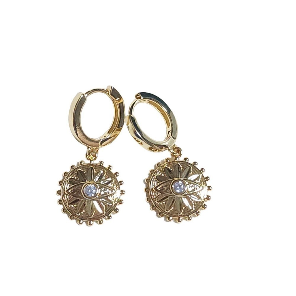 14k Gold Plated Evil Eye Huggie Dangle Earrings - Picture 1 of 6